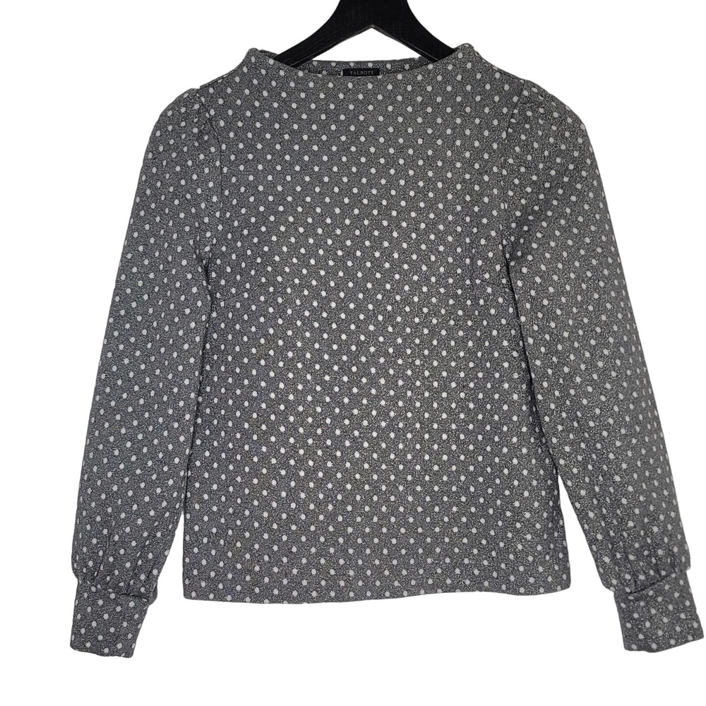 Talbots Funnel Neck Top Gray White Metallic Dot Jacquard Long Sleeves XS Petite